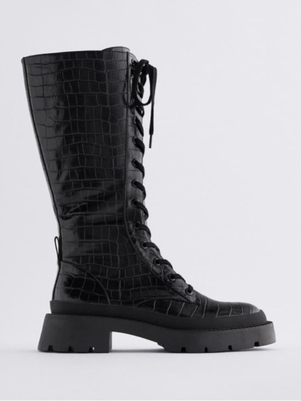 Zara Black Croc-Embossed Lace-Up Combat Boots 39 (fits like 9) good condition